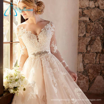 2017 Crystal Button Court Train Lace Appliques Wedding Gowns Bridal Dresses